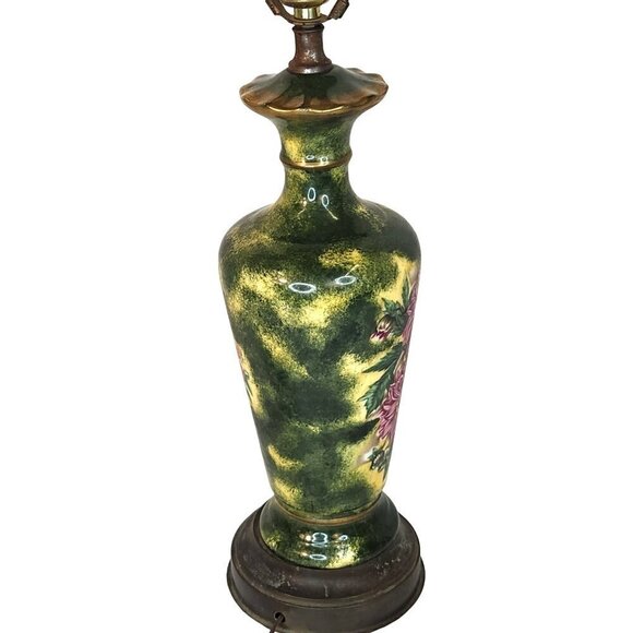 Vintage Tall Table Lamp With Brass Base Hand-Painted Floral Ceramic original fin - Picture 6 of 16